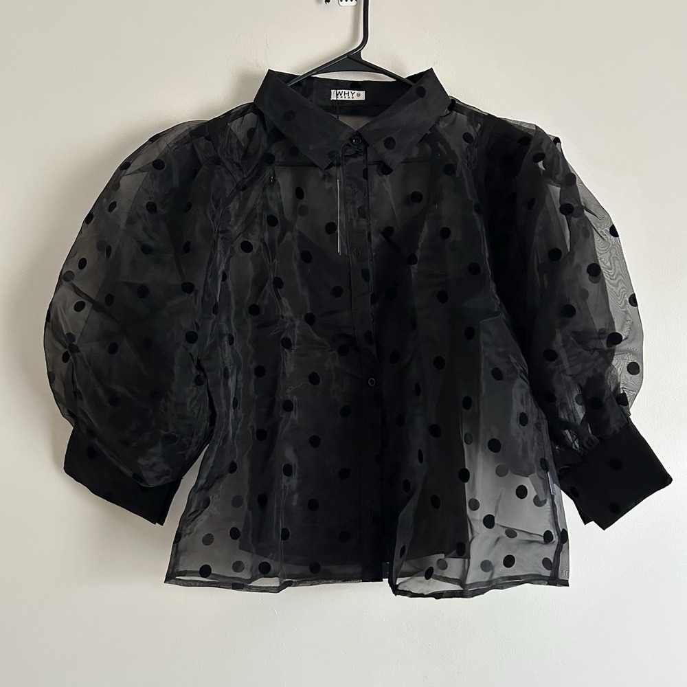 WHY Dress Black Sheer‎ Polka Dot Puff Sleeve Blouse w Removable Cami NWT Medium